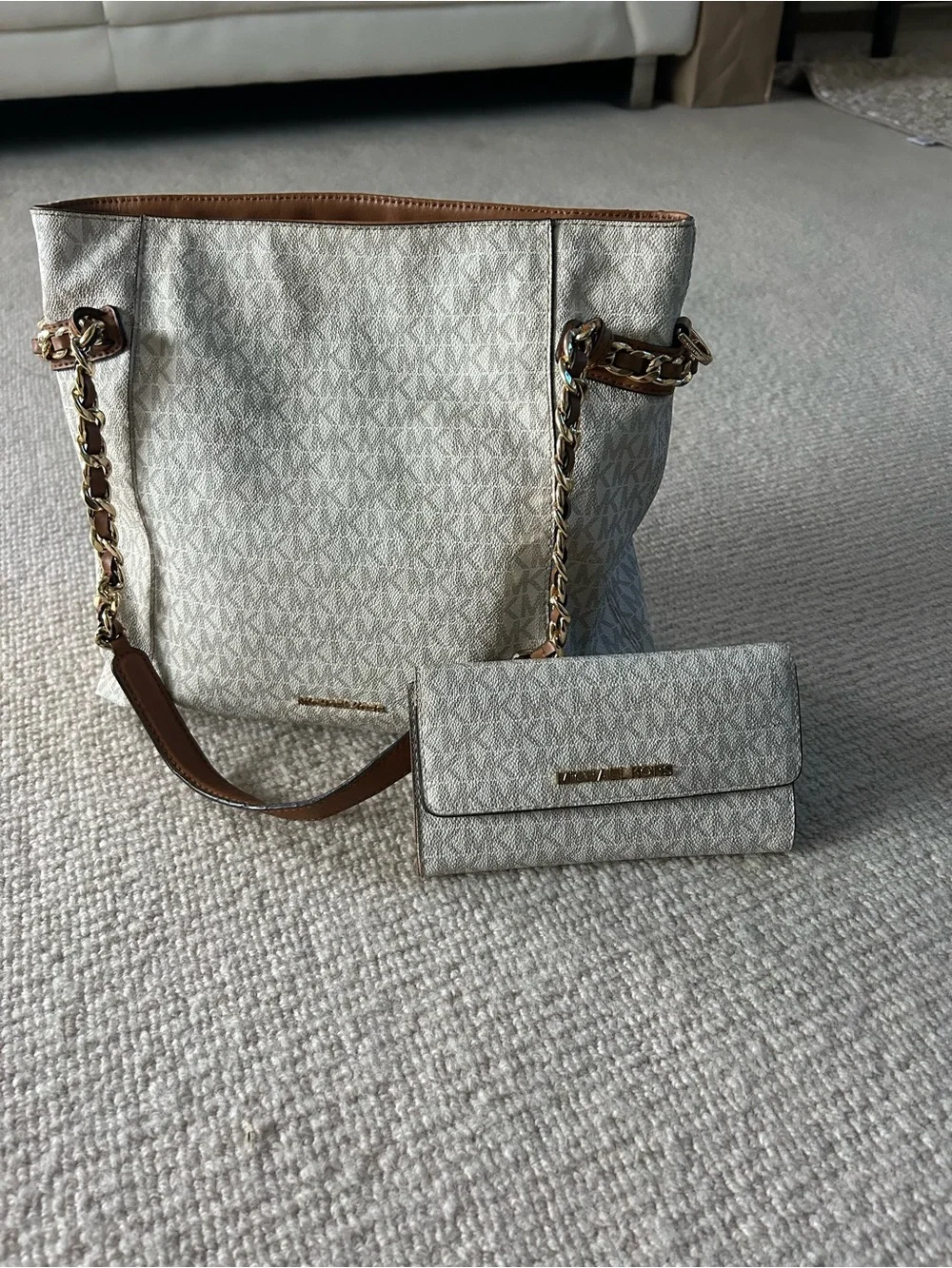 Michael Kors Cream & Brown Chain-Handle Tote with Matching Wallet